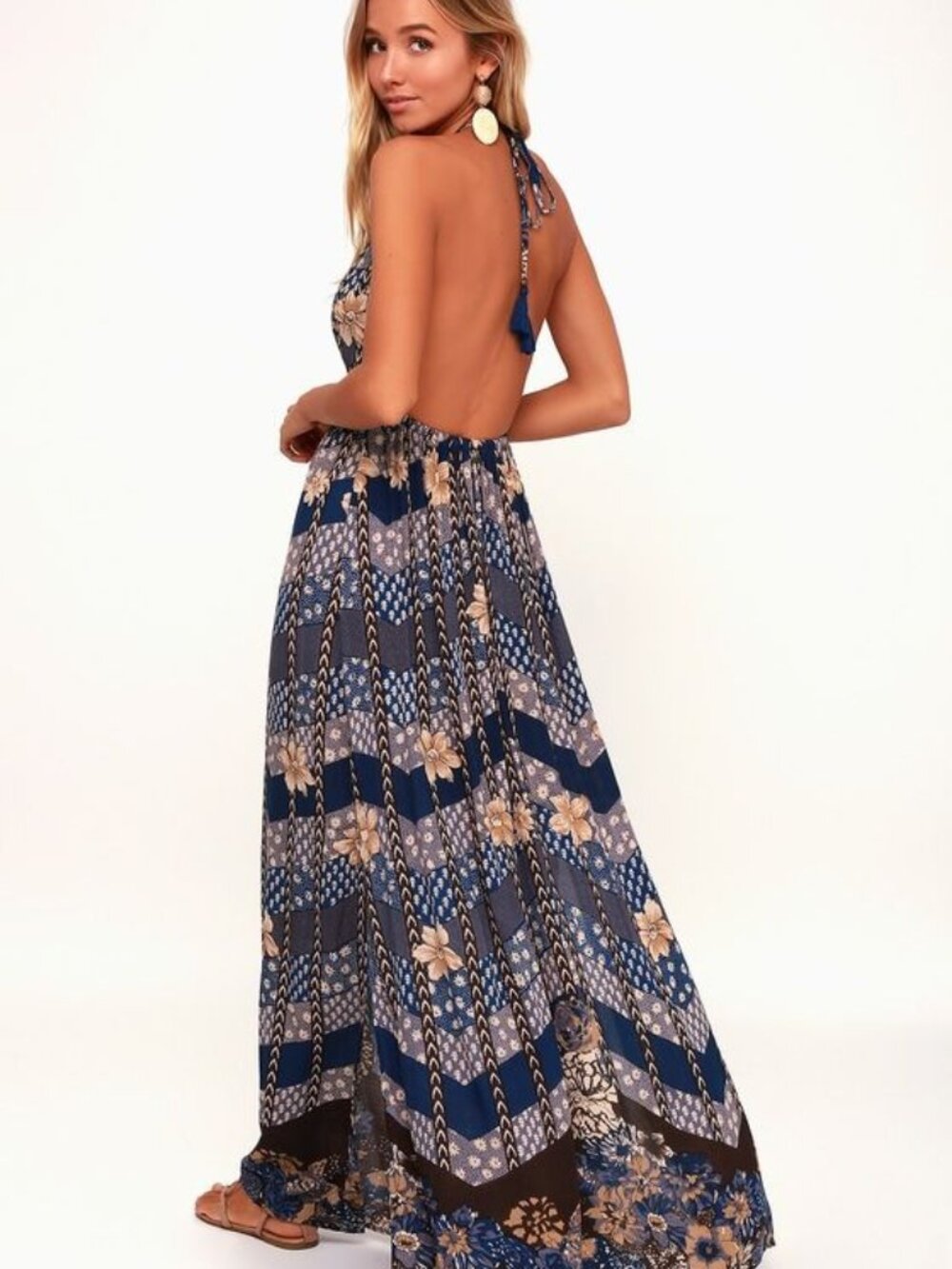 Annalisa Blue Multi Floral Print Halter Maxi Dress O'Neill - Size M